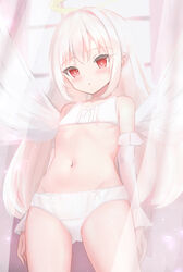  :o absurdres angel angel_wings backlighting bow bow_bra bow_panties bra breasts commentary cowboy_shot cross-shaped_pupils crotch_seam detached_sleeves female halo highres indoors long_hair looking_at_viewer original panties parted_lips red_eyes shooko small_breasts solo standing symbol-shaped_pupils training_bra underwear underwear_only white_bra white_hair white_panties white_sleeves white_wings window wings 