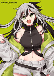  absurdres bare_shoulders belt black_hair black_shirt breasts crop_top cropped_shirt fate/grand_order fate_(series) female green_eyes green_jacket hair_between_eyes highres izumi_minami jacket long_hair long_sleeves looking_at_viewer medium_breasts midriff multicolored_clothes multicolored_hair multicolored_jacket nagao_kagetora_(fate) navel off_shoulder open_clothes open_jacket open_mouth shirt short_shorts shorts sidelocks sleeveless sleeveless_shirt smile solo two-tone_hair two-tone_jacket uesugi_kenshin_(fate) uesugi_kenshin_(second_ascension)_(fate) very_long_hair white_hair white_jacket white_shorts 