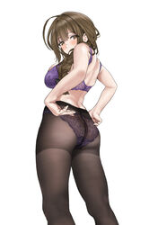  adjusting_clothes adjusting_legwear ahoge ass black_pantyhose blush bra breasts commentary_request feet_out_of_frame female hamedoragon huge_ahoge idolmaster idolmaster_shiny_colors kuwayama_chiyuki large_breasts long_braid looking_at_viewer looking_to_the_side median_furrow panties panties_under_pantyhose pantyhose purple_bra purple_panties simple_background solo standing underwear white_background 