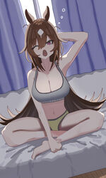  absurdres ahiru3desuyo alternate_costume animal_ears arm_up armpits blue_curtains breasts brown_hair cleavage commentary_request female grey_sports_bra hair_between_eyes highres horse_ears horse_girl horse_tail large_breasts long_hair looking_at_viewer multicolored_hair on_bed one_eye_closed open_mouth panties red_eyes sirius_symboli_(umamusume) sitting solo sports_bra squeans streaked_hair tail tank_top umamusume underwear very_long_hair waking_up white_hair yawning yellow_panties 