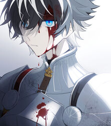  1boy armor black_hair blood blood_on_armor blood_on_chest blood_on_clothes blood_on_face blue_eyes breastplate charlemagne_(fate) chinese_commentary commentary expressionless fate/grand_order fate_(series) highres idass_(idass16) knight looking_ahead male_focus multicolored_hair parted_lips pauldrons scratches short_hair shoulder_armor simple_background solo streaked_hair two-tone_hair white_background white_hair 