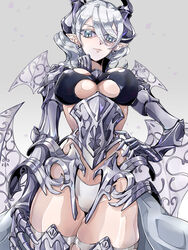  armor breasts covered_nipples demon_girl duel_monster earrings female gauntlets grey_eyes grey_hair hair_between_eyes highres horns jewelry lady_labrynth_of_the_silver_castle large_breasts lovely_labrynth_of_the_silver_castle low_wings pointy_ears revealing_clothes short_hair slit_pupils solo transparent_wings wings yu-gi-oh! yukitaka_(zzzzz) 