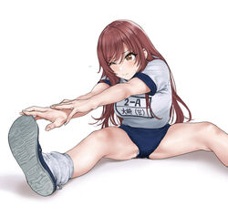  ;| bare_legs blue_buruma blush breasts brown_hair buruma female gym_shirt gym_uniform hamedoragon idolmaster idolmaster_shiny_colors long_hair medium_breasts name_tag osaki_amana panties panties_under_buruma shirt short_sleeves simple_background sitting socks solo spread_legs straight_hair stretching sweat underwear very_long_hair white_background white_panties white_socks 