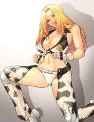  animal_print bikini blonde_hair blue_eyes boots breasts cleavage cow_print dixie_clemets female fingerless_gloves gloves grey_background grin highres lips long_hair looking_at_viewer navel rumble_roses seed01010 shadow sleeveless smile solo stomach swimsuit teeth white_bikini white_footwear white_gloves wrestling_outfit 