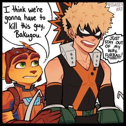  1:1 2024 anthro assassyart clothed clothing crossover dialogue duo english_text eyebrows fur gloves green_eyes hair handwear headgear headwear hi_res human i_think_we&#039;re_gonna_have_to_kill_this_guy katsuki_bakugou lombax male mammal meme my_hero_academia open_mouth ratchet_(ratchet_and_clank) ratchet_and_clank reaction_image short_hair sony_corporation sony_interactive_entertainment text yellow_body yellow_fur 