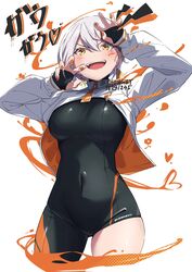  arms_up black_bodysuit blush bodysuit bodysuit_under_clothes breasts covered_navel cowboy_shot curled_fingers dated earrings female fingernails grey_hair hands_up highres jacket jacket_rolled_up jewelry long_sleeves medium_breasts nail_polish naughty_face nishisaki_fuyuka orange_eyes orange_nails original parted_lips short_hair showhey!! single_leg_bodysuit skin_tight smile solo teeth triangle_earrings twitter_username two-tone_bodysuit upper_teeth_only white_background white_jacket zipper_pull_tab 