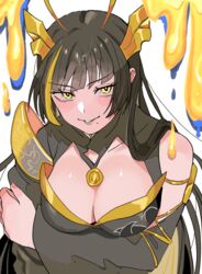  antenna_hair asymmetrical_clothes asymmetrical_sleeves black_hair black_shirt blonde_hair blunt_bangs breasts cleavage commission crossed_arms duel_monster female grin highres hime_cut honey large_breasts makoto_139 mitsu_the_insect_ninja mole mole_under_mouth pixiv_commission shirt smile solo torso yellow_eyes yu-gi-oh! 