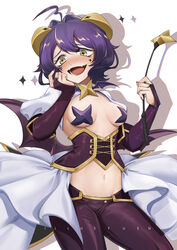  absurdres black_gloves black_hair black_pants black_pasties blush breastless_clothes breasts elbow_gloves fangs female fingerless_gloves gloves highres hiiragi_utena magia_baiser magical_girl mahou_shoujo_ni_akogarete medium_breasts midriff navel open_mouth pants pasties revealing_clothes riding_crop short_hair showgirl_skirt shrug_(clothing) smile solo star-shaped_pupils star_(symbol) star_pasties symbol-shaped_pupils yellow_eyes yuenillus 