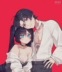  1boy absurdres alternate_costume bare_shoulders black_hair breasts chui_art cleavage collarbone female genshin_impact head_on_head head_rest highres jewelry long_hair looking_at_viewer mona_(genshin_impact) multiple_rings open_clothes open_mouth open_shirt puffy_short_sleeves puffy_sleeves red_background ring scaramouche_(genshin_impact) short_hair short_sleeves simple_background small_breasts stomach_tattoo tattoo twintails 