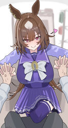  1other absurdres ahiru3desuyo anger_vein animal_ears blurry blurry_background blush bow breasts closed_mouth commentary_request ear_ornament embarrassed female femdom hair_between_eyes heart highres holding_hands horse_ears horse_girl horse_tail large_breasts long_sleeves nose_blush petticoat pleated_skirt pov purple_serafuku purple_shirt purple_skirt purple_thighhighs sailor_collar school_uniform serafuku shirt sirius_symboli_(umamusume) skirt smile solo_focus tail thighhighs tracen_school_uniform trainer_(umamusume) umamusume white_bow winter_uniform 