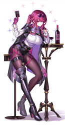  absurdres alcohol ankle_boots asymmetrical_footwear between_fingers black_jacket boots bottle breasts card card_between_fingers closed_mouth collared_shirt commentary_request cup drinking_glass eternity_(shadeh) eyewear_on_head female full_body gloves highres holding honkai:_star_rail honkai_(series) jacket kafka_(honkai:_star_rail) large_breasts long_sleeves looking_at_viewer mismatched_footwear pantyhose pince-nez purple_eyes purple_gloves purple_hair shirt single_thighhigh smile thigh_boots thighhighs thighs white_background white_shirt wine wine_bottle wine_glass 