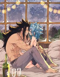  1boy abs alcohol arms_around_waist backless_dress backless_outfit bad_id bad_twitter_id barefoot belt black_dress black_hair blue_hair blush chin_piercing commentary cup dress drinking_glass english_commentary fairy_tail feet female gajeel_redfox indoors jewelry levy_mcgarden long_hair looking_at_another necklace night night_sky on_bed pants pillow profile rusky scar scar_on_arm short_dress sidelocks size_difference sky smile straight toes torso window wine wine_glass 