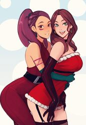  2girls absurdres alternate_costume arm_tattoo bare_shoulders black_gloves black_thighhighs breasts brown_eyes brown_hair christmas dark-skinned_female dark_skin dorothea_arnault dorothea_arnault_(winter) dress earrings elbow_gloves english_commentary facial_tattoo fire_emblem fire_emblem:_three_houses fire_emblem_heroes garter_straps gloves green_eyes green_gloves grin highres hug hug_from_behind jewelry large_breasts long_hair looking_at_viewer multiple_girls petra_macneary ponytail purple_hair raichiyo33 santa_costume santa_dress smile tattoo thighhighs yuri 