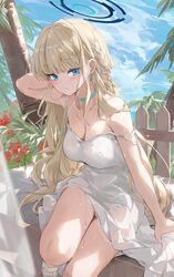  alternate_costume aqua_nails bare_shoulders blonde_hair blue_archive blue_eyes blue_halo blue_sky blush breasts choker cleavage collarbone commentary_request dema_hmw dress earrings female halo highres jewelry long_hair looking_at_viewer medium_breasts nail_polish sky solo thighs toki_(blue_archive) white_dress 