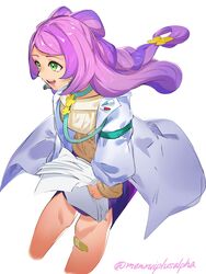  artist_name bow-shaped_hair breasts earrings eyeliner female flower_earrings green_eyes highres holding holding_paper jewelry lab_coat long_hair long_sleeves makeup medium_breasts mian_(3zandora) miriam_(pokemon) multicolored_hair off-shoulder_sweater off_shoulder paper pencil_skirt pink_eyeliner pink_hair pokemon pokemon_sv purple_hair purple_skirt school_nurse skirt solo stethoscope streaked_hair striped_clothes striped_skirt sweater swept_bangs twitter_username yellow_sweater 