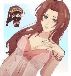  2girls aerith_gainsborough aerith_gainsborough_(sunny_robe) baseball_cap bikini black_footwear black_hair blue_background blush border bracelet breasts brown_hair cardigan chibi cleavage closed_mouth collarbone covering_own_mouth final_fantasy final_fantasy_vii final_fantasy_vii_ever_crisis final_fantasy_vii_remake green_eyes grey_skirt hand_on_own_chest hat highres jewelry lace long_hair looking_at_viewer low-tied_long_hair medium_breasts midriff multiple_girls navel nitoya_00630a parted_bangs pink_bikini see-through sidelocks skirt smile swimsuit tifa_lockhart tifa_lockhart_(lifeguard) upper_body wavy_hair white_border white_cardigan 