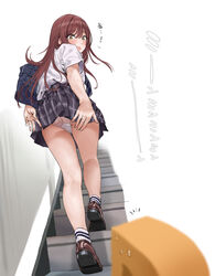  1other :o bag bare_legs blush brown_hair facing_another female from_below hamedoragon highres idolmaster idolmaster_shiny_colors kneepits long_hair looking_back osaki_amana p-head_producer panties pantyshot plaid plaid_skirt pleated_skirt producer_(idolmaster) school_bag school_uniform see-through see-through_panties shirt shirt_tucked_in skirt skirt_rolled_up stairs straight_hair translated underwear upskirt very_long_hair white_panties white_shirt 