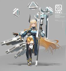  blonde_hair blue_jacket brown_footwear brown_gloves brown_thighhighs commentary_request english_text female full_body gloves grey_background grin hair_between_eyes highres holding horns jacket long_hair long_sleeves looking_at_viewer mecha_musume natori_youkai navel original puffy_long_sleeves puffy_sleeves short_shorts shorts simple_background smile solo standing standing_on_one_leg thighhighs very_long_hair yellow_eyes yellow_shorts 