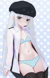  black_hat black_thighhighs blue_background blue_bra blue_panties blush bow bow_bra bow_panties bra breasts closed_mouth coattails commentary cowboy_shot crotch_seam dress_shirt female grey_eyes grey_hair hat highres lace-trimmed_bra lace-trimmed_panties lace_trim light_frown long_hair long_sleeves looking_at_viewer navel open_clothes open_shirt original panties penguin_print polka_dot polka_dot_background polka_dot_panties shirt shooko small_breasts solo standing thighhighs underwear white_shirt wing_collar 