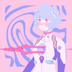  artist_name ayanami_rei bad_id bad_twitter_id bident blue_hair blush bodysuit commentary english_commentary expressionless female hole_on_body interface_headset lance_of_longinus_(evangelion) looking_to_the_side neon_genesis_evangelion pilot_suit pink_background plugsuit polearm red_eyes shooting_through_heart short_hair solo spear upper_body vitamincera weapon white_bodysuit 