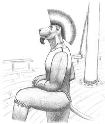  anthro biped bottomwear clothing crossed_arms eye_scar facial_hair facial_scar felid goatee graphite_(artwork) leonidae lion looking_aside male mammal mast mohawk monochrome necktie outside pantherine pants pencil_(artwork) pirate rope scar ship shirt solo standing step_pose topwear traditional_media_(artwork) vehicle watercraft 