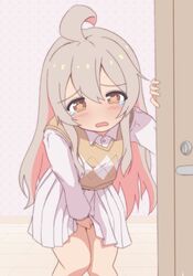  ahoge bare_legs between_legs blush brown_eyes colored_inner_hair commentary d: door female grey_hair hair_between_eyes hand_between_legs have_to_pee highres leaning_forward long_hair long_sleeves looking_at_viewer multicolored_hair onii-chan_wa_oshimai! open_mouth oyama_mahiro pink_hair pleated_skirt shirt sidelocks skirt solo tearing_up two-tone_hair unkimo vest white_shirt white_skirt wing_collar wooden_floor 