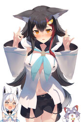  2girls ahoge animal_ear_fluff animal_ears aqua_eyes black_hair black_shorts blush commentary_request cosplay double_fox_shadow_puppet earrings embarrassed fox_ears fox_girl fox_shadow_puppet front_slit hair_between_eyes highres hololive hood hooded_vest hoodie jewelry long_hair long_sleeves looking_at_viewer midriff_peek miofa_(ookami_mio) multicolored_hair multiple_girls navel oerba_yun_fang ookami_mio open_mouth red_hair shirai_yu shirakami_fubuki shirakami_fubuki_(1st_costume) shirakami_fubuki_(cosplay) short_shorts shorts sidelocks single_earring skin_fang strapless streaked_hair vest virtual_youtuber white_hair white_sleeves wide_sleeves wolf_ears wolf_girl yellow_eyes 