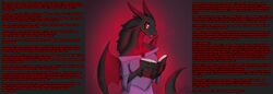  anthro book caption clothing corruption dragon dress english_text engrish female grimoire hi_res horn magic mind_alteration mythological_creature mythological_scalie mythology princess red_eyes royalty saphirathefur scalie solo story story_in_description story_in_picture tail text transformation wings 