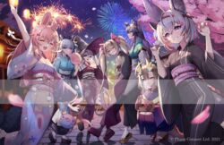  6+girls aerial_fireworks ahoge animal_ear_fluff animal_ears animal_print antlers arm_up bear_ears bear_girl black_footwear black_headwear black_kimono blonde_hair blue_bow blue_hair blue_kimono bow braid breasts cherry_blossoms claws closed_eyes closed_mouth copyright_notice cotton_candy deer_antlers deer_girl dragon_girl dragon_horns festival fireworks food fox_ears fox_girl fox_mask fujikura_uruka grey_hair hair_ornament hairbow hakushika_iori hat horns japanese_clothes kimono maid_headdress mask mask_on_head monini multicolored_clothes multicolored_kimono multiple_girls night night_sky obi official_art okobo one_eye_closed open_mouth phase_connect pink_bow pink_eyes pink_hair pink_sash pipkin_pippa pom_pom_(clothes) purple_eyes purple_hair rabbit_ears rabbit_girl rabbit_hair_ornament rabbit_print red_kimono rinkou_ashelia sandals sash shadow shisui_michiru_(phase_connect) sky star_(symbol) star_hair_ornament tabi takoyaki tenma_maemi twintails utatane_nasa virtual_youtuber wide_sleeves witch_hat yellow_sash 