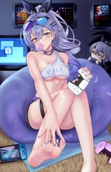  2girls bare_legs bare_shoulders barefoot black_ribbon breasts choker commentary crop_top feet foot_out_of_frame grey_eyes grey_hair hair_between_eyes hair_ribbon highres hollow_mimikyu honkai:_star_rail honkai_(series) indoors knees_together_feet_apart knees_up legs long_hair looking_at_viewer mario_(series) medium_breasts midriff mini_person minigirl multiple_girls navel nintendo_switch ponytail ribbon shirt silver_wolf_(honkai:_star_rail) single-shoulder_shirt single_strap sitting soles stomach super_mario_bros._1 the_legend_of_zelda the_legend_of_zelda_(nes) thigh_strap thighs toes white_shirt 