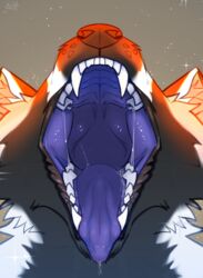  absurd_res ambiguous_gender anthro blue_tongue bodily_fluids bust_portrait drooling famir_(artist) fangs front_view fur grey_body grey_fur hi_res mouth_shot obscured_eyes open_mouth portrait saliva saliva_string sharp_teeth solo teeth tongue white_body white_fur 