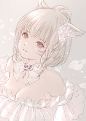  2023 animal_ears artist_name blonde_hair bow bowtie braid breasts cat_ears cat_girl cleavage dated earrings facial_mark female final_fantasy final_fantasy_xiv flower flower_earrings hair_flower hair_ornament highres jewelry medium_breasts miqo&#039;te parted_lips pink_bow pink_bowtie pink_eyes pink_flower piyoco short_hair solo upper_body warrior_of_light_(ff14) whisker_markings 