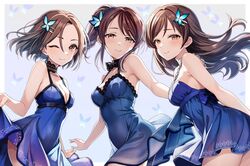  3girls absurdres blue_dress blush breasts brown_hair butterfly_background butterfly_hair_ornament cleavage commentary_request dress floating_hair forehead hair_ornament highres idolmaster idolmaster_cinderella_girls long_hair looking_at_viewer medium_breasts mifune_miyu mizuki_seira multiple_girls nitta_minami ponytail popon_ta short_hair sleeveless sleeveless_dress smile straight_hair very_long_hair 