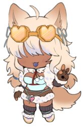  :3 ahoge animal_ears blonde_hair blue_hair blue_leotard blue_ribbon borrowed_character brown_gloves brown_hair brown_skirt chest_harness chibi chow_chow closed_mouth colored_tips colored_tongue dark-skinned_female dark_skin detached_sleeves dog_ears dog_girl dog_tail facing_viewer female full_body fur-trimmed_footwear fur-trimmed_skirt fur-trimmed_sleeves fur_trim gloves goggles goggles_on_head gradient_hair grey_leg_warmers hair_over_eyes hair_ribbon hand_up harness lapithai leg_warmers leotard long_hair low_twintails lowres multicolored_hair original partially_fingerless_gloves pigeon-toed pom_pom_(clothes) purple_tongue ribbon simple_background skirt solo standing tachi-e tail tinted_eyewear tongue tongue_out transparent_background twintails v yellow-framed_eyewear yellow-tinted_eyewear 