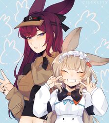  2girls absurdres animal_ears arknights black_nails black_shirt blue_background blush breasts celexcity commentary crop_top double_v dress facing_viewer frilled_hairband frills grey_hair grin hairband highres long_hair looking_at_viewer medium_breasts midriff multiple_girls nail_polish navel parted_lips purple_eyes purple_hair rabbit_ears ray_(arknights) shirt smile upper_body v very_long_hair visor_cap warmy_(arknights) white_dress white_hairband 