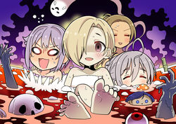  4girls absurdres ahoge air_bubble bamboo bare_shoulders blank_eyes blonde_hair blood blush braid brown_eyes brown_hair bubble closed_eyes closed_mouth collarbone doll dot_nose eyeball ghost grey_hair hair_between_eyes hair_flaps hair_intakes hair_over_one_eye highres hoshi_syoko idolmaster idolmaster_cinderella_girls idolmaster_cinderella_girls_starlight_stage jukuchou_(ennuibirthday) koshimizu_sachiko long_hair looking_at_viewer matsunaga_ryo motion_lines multiple_girls mushroom naked_towel open_mouth partially_submerged pool_of_blood purple_background purple_hair shirasaka_koume short_hair skull smile soles sweat toes towel v-shaped_eyebrows white_towel yellow_towel 