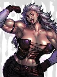  abs arm_up armpits belt breasts corset dorohedoro earrings female gloves grey_hair jewelry kisuu muscular muscular_female noi_(dorohedoro) non-web_source pants red_eyes tongue tongue_out 