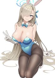  alternate_costume animal_ears asuna_(blue_archive) asuna_(bunny)_(blue_archive) asymmetrical_bangs bare_shoulders black_pantyhose blonde_hair blue_archive blue_bow blue_bowtie blue_eyes blue_leotard blue_ribbon bow bowtie breasts cleavage closed_mouth commentary_request detached_collar fake_animal_ears female gloves hair_over_one_eye hair_ribbon halo head_tilt highres kobaji large_breasts leotard long_bangs long_hair looking_at_viewer official_alternate_costume one_eye_covered pantyhose playboy_bunny rabbit_ears ribbon seiza simple_background sitting smile solo strapless strapless_leotard thighband_pantyhose v very_long_hair white_background white_gloves 