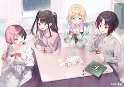  4girls :d :o ace_(playing_card) ace_of_diamonds ace_of_hearts ace_of_spades black_camisole black_hair black_nails blonde_hair blue_nails blurry blurry_background board_game bow breasts camisole card cleavage collared_shirt commentary_request computer computer_tower curtains depth_of_field diamond_(shape) dress dress_shirt frilled_dress frills grey_sweater hairbow headphones heart hood hood_down hooded_jacket index_finger_raised indoors iris_black_games jacket kaga_nazuna kisaragi_ren_(vtuber) kotatsu kurumi_noah long_hair long_sleeves low_twintails lupinus_virtual_games midorikawa_you multicolored_hair multiple_girls nail_polish oerba_yun_fang pajamas pink_bow pink_hair pink_pajamas pink_shirt playing_card puffy_long_sleeves puffy_sleeves purple_hair red_eyes red_hair red_nails reversi sample_watermark shirt sleeves_past_wrists small_breasts smile spade_(shape) striped_clothes striped_jacket sweater table tachibana_hinano_(vtuber) twintails two-tone_hair two_side_up very_long_hair virtual_youtuber vspo! watermark white_bow white_dress window 