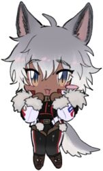  :3 ahoge animal_ears black_bodysuit blue_eyes blush_stickers bodysuit borrowed_character brown_eyes brown_footwear brown_gloves chest_harness chibi dark-skinned_female dark_skin dog_ears dog_girl dog_tail female full_body fur-trimmed_sleeves fur_collar fur_trim gloves gradient_eyes gradient_hair grey_hair harness jacket lapithai long_sleeves looking_at_viewer lowres medium_hair multicolored_eyes multicolored_hair open_mouth original pom_pom_(clothes) simple_background solo standing tachi-e tail thick_eyebrows transparent_background white_jacket 