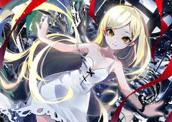  abstract_background bare_shoulders black_ribbon blonde_hair commentary_request cowboy_shot dress female flat_chest kiss-shot_acerola-orion_heart-under-blade kizumonogatari kusakanmuri long_hair monogatari_(series) official_art orange_eyes oshino_shinobu outstretched_arms petite pointy_ears ribbon second-party_source smile solo spread_arms strap_slip very_long_hair white_dress wrist_ribbon 