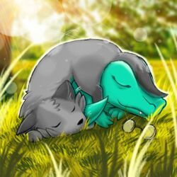  1:1 domestic_ferret duo eyewear feral fur generation_2_pokemon glasses grass grey_body grey_fur gulonine jacob_(totodileweeb18) mammal marten mustelid musteline nintendo plant pokemon pokemon_(species) resachii sachii_(resachii) sleeping_together totodile true_musteline weasel 