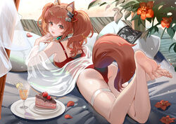  angelina_(arknights) angelina_(summer_flower)_(arknights) animal_ears arknights ass barefoot black_collar breasts brown_eyes brown_hair cake cake_slice collar commentary drink drinking_straw feet female flower food fox_ears fox_girl fox_tail hair_ribbon highres infection_monitor_(arknights) legs long_hair looking_at_viewer lying medium_breasts official_alternate_costume on_stomach one-piece_swimsuit open_mouth petals pillow red_flower red_one-piece_swimsuit red_ribbon rero_(bigdoorbig2) ribbon soles solo spread_toes swimsuit tail thigh_strap thighs toes twintails 