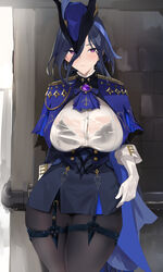  ascot black_bra black_pantyhose black_skirt blazingchaos blue_ascot blue_cape blue_hair blue_hat bra bra_visible_through_clothes breasts button_gap cape clorinde_(genshin_impact) closed_mouth corset dark_blue_hair drop_earrings earrings epaulettes female fold-over_gloves framed_breasts genshin_impact gloves hair_between_eyes hat high-waist_skirt highres jewelry large_breasts light_blush long_hair looking_at_viewer multicolored_hair pantyhose purple_eyes see-through see-through_shirt shirt skirt solo streaked_hair sweatdrop taut_clothes taut_shirt thigh_strap tricorne underwear vision_(genshin_impact) white_gloves white_shirt 