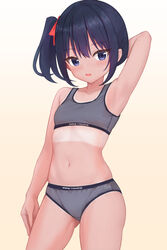  arm_behind_head arm_up armpits black_hair blue_eyes breasts clothes_writing commentary cowboy_shot crotch_seam english_text female gradient_background grey_panties grey_sports_bra hair_ribbon highres looking_at_viewer navel open_mouth original panties red_ribbon ribbon shooko short_hair side_ponytail small_breasts smile solo sports_bra sports_panties standing tan tanlines underwear underwear_only yellow_background 