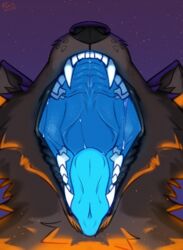  2023 ambiguous_gender anthro black_nose blue_tongue bodily_fluids canid dated famir_(artist) fangs front_view fur grey_body grey_fur hi_res mammal markings mouth_shot obscured_eyes open_mouth orange_markings saliva saliva_string signature solo teeth tongue 