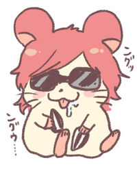  4:5 :3 alternate_species ambiguous_gender blush bodily_fluids chibi cricetid drooling eyewear feral furrification hair hamster hamtaro_(series) japanese_text kemono low_res mammal ogretsu_tanaka pink_hair rodent round_ears saliva seed sitting smile solo sunflower_seed sunglasses text tongue tongue_out whiskers yarichin_bitch_club yuri_ayato 