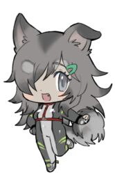  animal_ears blush_stickers bodysuit borrowed_character chest_harness chibi colored_tips dog_ears dog_girl dog_tail ear_down female full_body gradient_eyes grey_bodysuit grey_eyes grey_footwear grey_hair hair_over_one_eye hand_on_own_hip harness lapithai long_hair looking_at_viewer lowres multicolored_eyes multicolored_hair oerba_yun_fang open_mouth original pale_skin simple_background solo standing standing_on_one_leg tachi-e tail transparent_background 