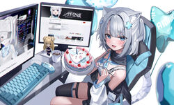  absurdres animal_ear_fluff animal_ears balloon bare_shoulders black_thighhighs blue_eyes blue_neckerchief blush cake chair character_doll commentary_request computer_keyboard computer_mouse cross_hair_ornament eyepatch female food fork fuura_yuri grey_hair hair_ornament highres holding holding_fork kaneko_lumi leopard_ears leopard_girl leopard_tail monitor neckerchief oerba_yun_fang official_art open_mouth phase_connect riko_(rik0ring) short_hair single_thighhigh sitting star_balloon tail thighhighs virtual_youtuber 