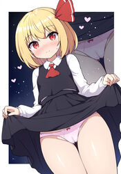  ascot black_skirt black_vest blonde_hair blush cameltoe closed_mouth clothes_lift collared_shirt commentary cowboy_shot female hair_between_eyes hair_ribbon heart highres lifting_own_clothes long_sleeves looking_at_viewer panties pink_panties red_ascot red_eyes red_ribbon ribbon rizento rumia shirt short_hair skirt skirt_lift solo thigh_gap touhou underwear vest white_shirt 